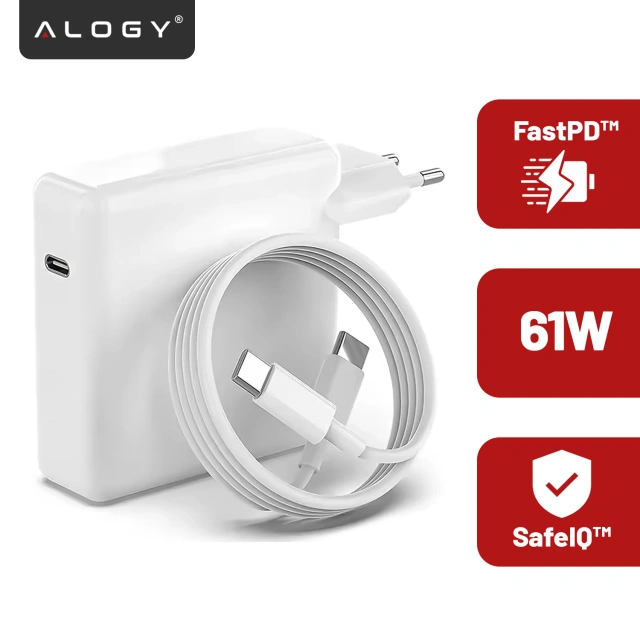Netzteil für Apple MacBook, Alogy Universal-Ladekabel, 2 m, USB-C auf USB-C, Schnellladefunktion PowerDelivery PD, 61 W, Weiß