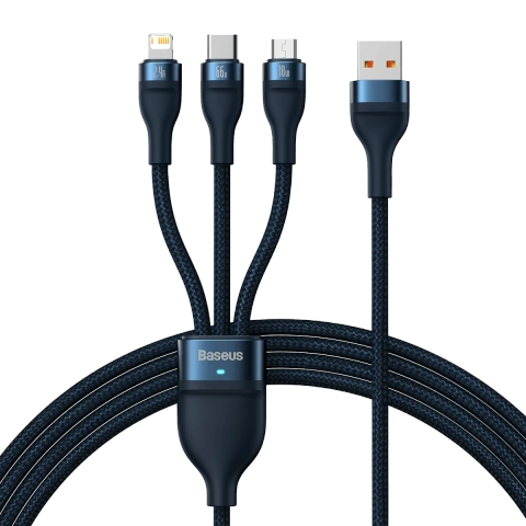 Kábel USB 3w1 Baseus Flash Series, USB-C micro USB Lightning, 66W, 1,2 m (niebieski)