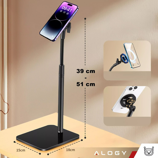 Phone holder stand for Mag Safe magnetic desk Telescopic tripod for phone steel ABS Alogy Black