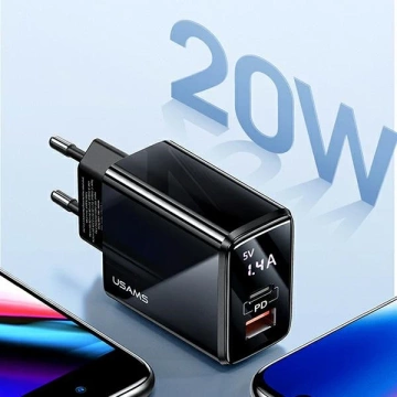 USAMS Wall charger 1xUSB-C 1xUSB T40 20W LED (only head) PD3.0 QC3.0 Fast Charging black/black CC133TC01 (US-CC133)