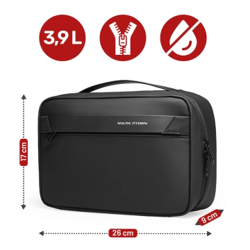Mark Ryden Men's and Women's Travel Toiletry Bag, 3.9L Capacity, 4 Compartments with Hook, YKK Zipper, PU Oxford Material - Black