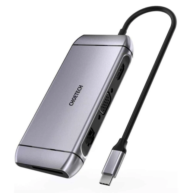 Choetech 9in1 multifunctional USB Type C HUB - 3x USB 3.2 Gen 1 / SD and TF card reader / HDMI 4K 30Hz / VGA Full HD 60Hz / USB Type C / RJ45 gray (HUB-M15 gray)