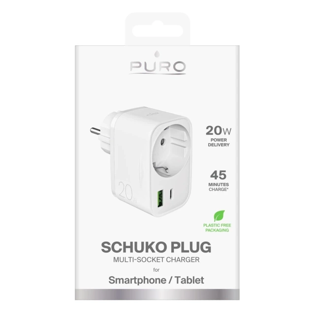 Ładowarka Puro 20W PD USB-C/USB-A + gniazdo Schuko – biała