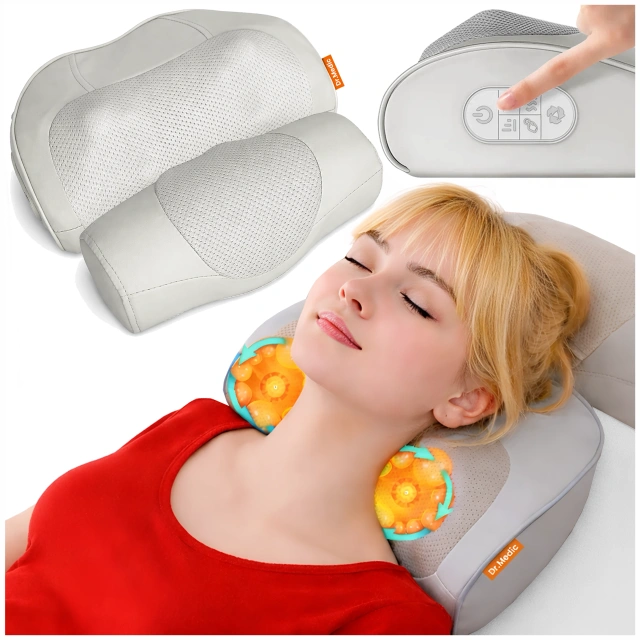 Poduszka masująca elektryczna na szyję i kark – masażer z pilotem, funkcja grzania zagłówka, relaks i redukcja napięcia mięśni – Dr.Medic RelaxNeck™