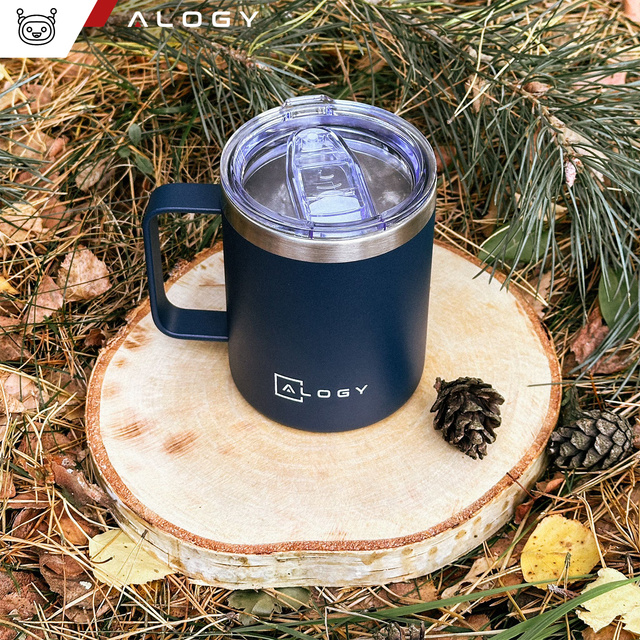 Thermal mug 420ml with handle lid for coffee tea steel cold and warm drinks Alogy navy blue Washing brush