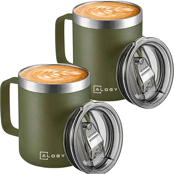 Thermal mugs set of 2 mugs Thermal mug 420 ml with handle and lid for coffee and tea, steel Alogy Green
