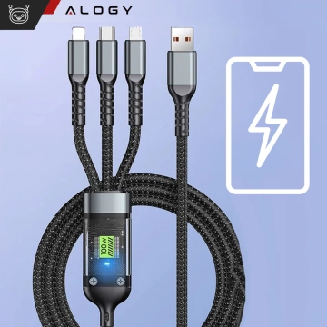 Зарядний кабель Alogy 3-в-1 для швидкої зарядки, 120 см, 100 Вт, USB-C, Micro Lightning, чорний