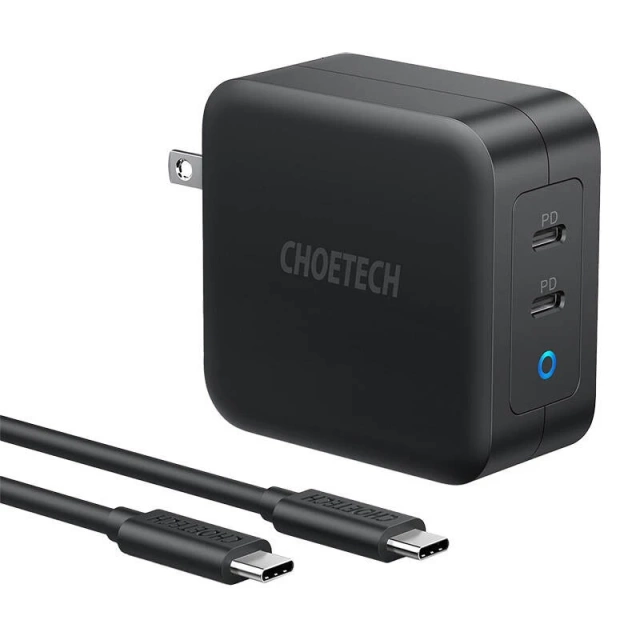 Зарядний пристрій Choetech PD6008 GaN 100 Вт з 2 портами USB-C, чорний, з функцією живлення