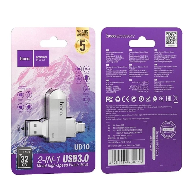 HOCO USB A Type-C USB kľúč UD10 32GB USB 3.0 otočný, široká kompatibilita
