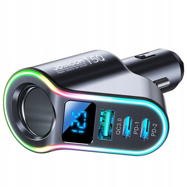 USB QC 3.0 autonabíjačka 2x USB-C PD 150W rozbočovač JoyRoom Car Charger 4v1 RGB LED čierna