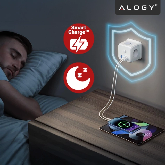 Netzwerk Splitter Splitter Ladegerät Adapter Dieb 3 Steckdosen EU 3x USB USB-C C 7in1 Alogy Weiß