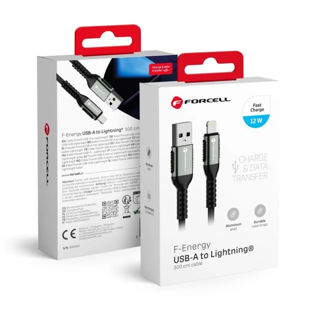 Kábel USB-A na Lightning 12W 3m nylonový Forcell hliníkový pre iPhone a iPad
