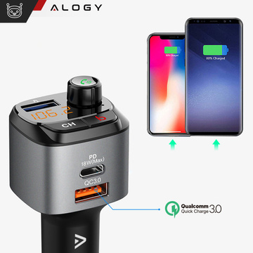Alogy FM vysielač do auta USB nabíjačka QC 3.0 USB-C PD Bluetooth MP3 prehrávač 1m kábel USB-C do púzdra Lightning