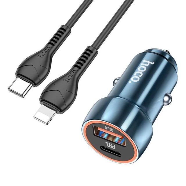 HOCO nabíjačka do auta USB A typ C kábel typu C do Lightning PD QC3.0 3A 20W Z46A modrý