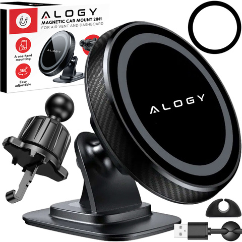 Magnetický držiak telefónu do auta, okno, mriežka, kokpit, palubná doska, auto, telefón, organizér Alogy Black