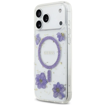 Etui Guess Resin Flowers Glitter MagSafe na iPhone 17 Pro Max - Fioletowe