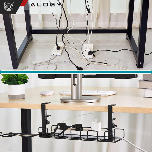 Cable organizer, shelf holder under the table top for cables, desk strips, under-desk aluminum 38.5cm Alogy Black