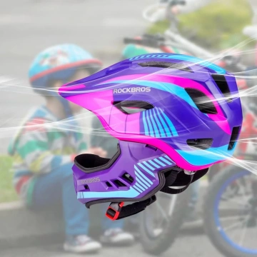 Rockbros TT-32SBPP-M Kinderfahrradhelm mit abnehmbarem Kinnbügel, Größe M – Lila-Pink