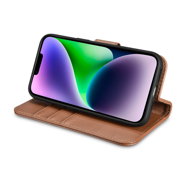 Kožené flipové pouzdro iCarer Wallet Case 2v1 iPhone 14 Plus Anti-RFID Hnědé (WMI14220727-BN)