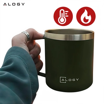 Termohrnek 420 ml s uchem a víčkem na kávu, čaj, ocel, studené a teplé nápoje Alogy Green