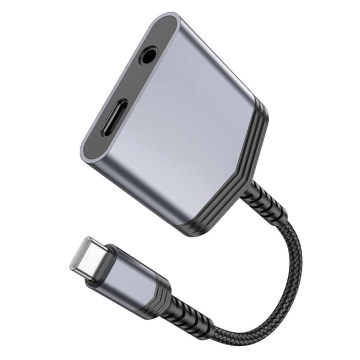 Адаптер HOCO AUX 2в1 Type-C на Type-C / Jack 3.5 мм 27W LS39 сірий