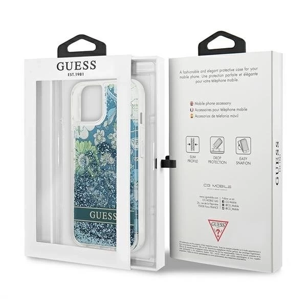 Guess GUHCP13MLFLSN iPhone 13 6,1" zielony/zelené pevné puzdro Flower Liquid Glitter