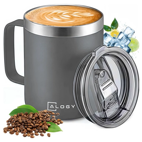 Thermo mug 420ml with handle lid for coffee tea steel cold and hot drinks Alogy Gray