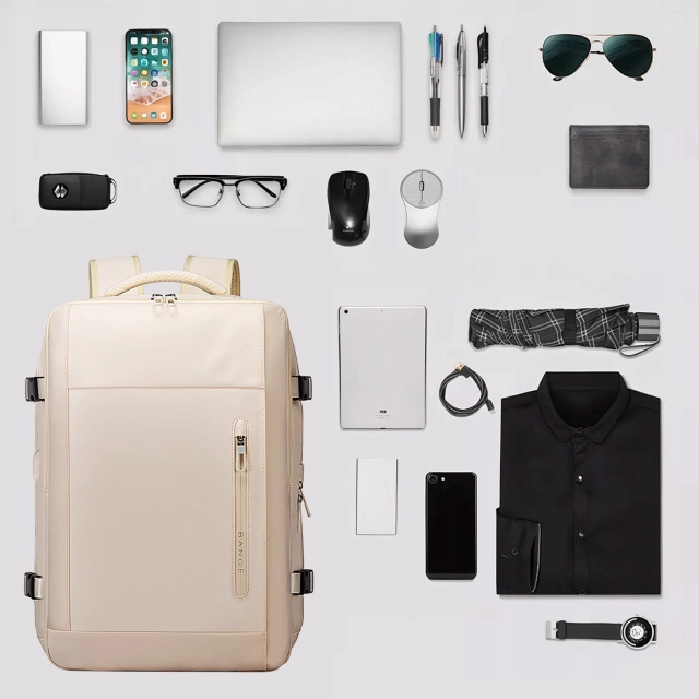 Wasserdichter Rucksack von Bange für Laptops bis 15,6 Zoll, ideal für Städtetrips, 46 x 31,5 x 20 cm, für Arbeit und Flugreisen, für Damen und Herren, mit USB-Anschluss, beige