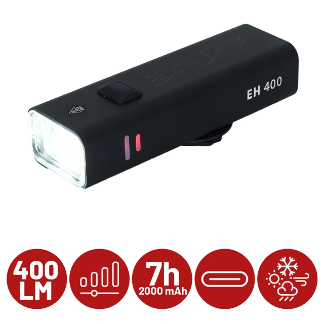 Přední LED světlo na kolo EH 400, nastavitelné 400 LM, 2000 mAh, vodotěsné, černé