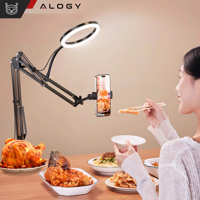 Ring LED Alogy drafting lamp with flexible arm and desk stand phone holder Black