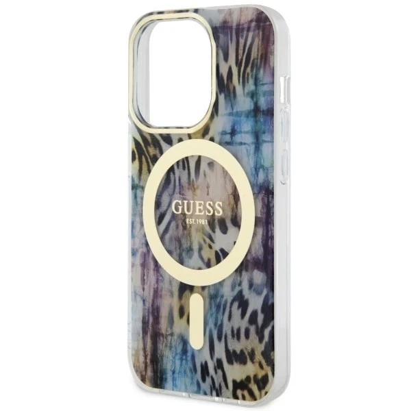 Sada na telefon Guess GUHMP14XHLEOPWB pro Apple iPhone 14 Pro Max 6,7" černý/modrý pevný obal Leopard MagSafe