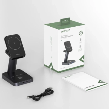Bezdrátová nabíječka Acefast 15W Qi pro iPhone (s MagSafe), Apple Watch a magnetický držák Apple AirPods Stand černý (E3 černý)