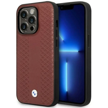 Etui na telefón BMW BMHMP14L22RFGR do Apple iPhone 14 Pro 6,1" vínová/bordová koža s diamantovým vzorom MagSafe