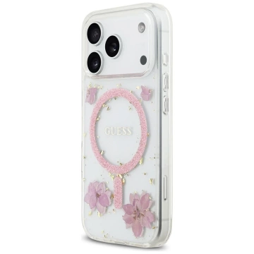 Etui Guess MagSafe do iPhone 17 Pro Resin Flowers Glitter Pink