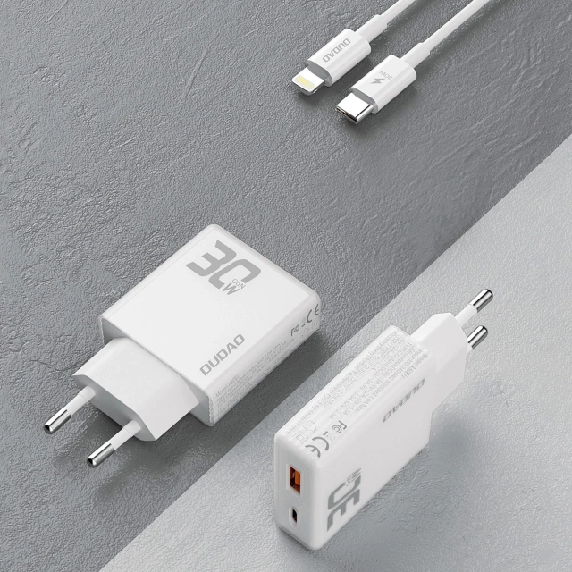 Dudao A30EUL GaN nástěnná nabíječka 30W USB-A / USB-C kabel USB-C - Lightning - Bílá