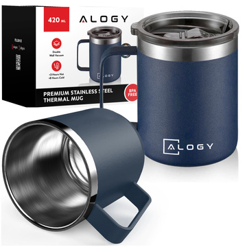 Thermal mug 420ml with handle lid for coffee tea steel cold and warm drinks Alogy navy blue Washing brush