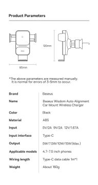 Baseus Wisdom Car Holder for a car phone with a QI inductive charger for a grille Black