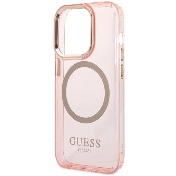 Pouzdro na telefon Guess pro iPhone 14 Pro Max 6,7" růžové/růžové pevné pouzdro Gold Outline Translucent MagSafe