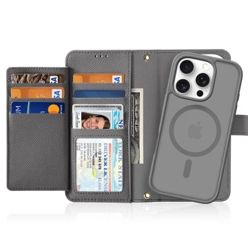 iPhone 16 Pro Max Dux Ducis Lawa Lederhülle mit MagSafe Wallet Grau
