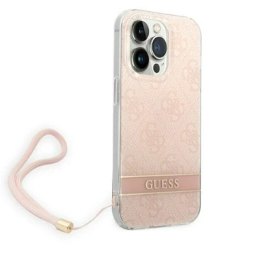 Pouzdro Guess GUOHCP14LH4STP pro Apple iPhone 14 Pro 6,1" růžový/růžový pevný obal 4G Print Strap