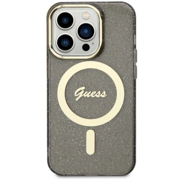 Držák telefonu Guess GUHMP14LHCMCGK pro Apple iPhone 14 Pro 6,1" černý/černý pevný obal Glitter Gold MagSafe