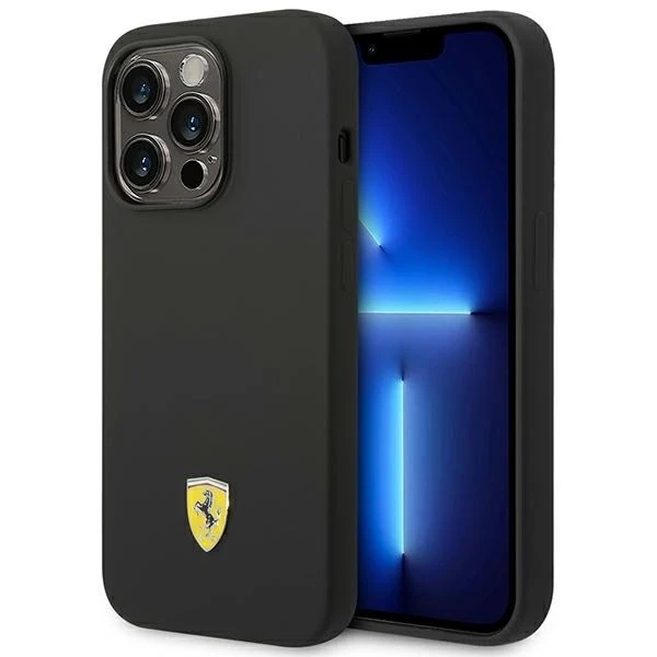 Puzdro Ferrari iPhone 14 Pro 6,1" čierne/čierne pevné silikónové kovové logo