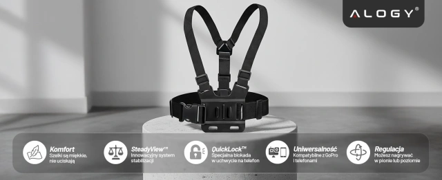 Спортивний ремінь Alogy Chest нагрудний тримач для фотоапарата, камер GoPro, телефону універсальний Black