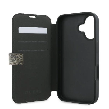 Kovový obal Guess 4G s logom pre iPhone 16 6,1″ – hnedý, so stojanom