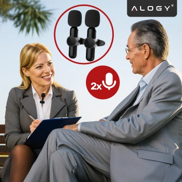 Bezdrátový mikrofon 2x sada - Lightning pro iPhone, potlačení hluku, lehká konstrukce, dosah až 20 metrů - 2x klopový mikrofon s kožešinovým krytem, ​​sluchátko na telefon - Alogy DualVoice™ černá