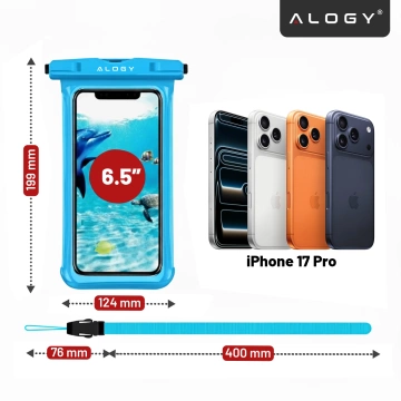 Універсальний водонепроникний чохол Alogy HydroShield™ із захистом IPX8 для телефонів до 6,5 дюймів, водонепроникний для пляжу, басейну та каяка, сенсорний екран спереду та ремінець на шию - синій