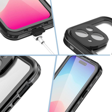 Puzdro na iPhone 15 Plus vodotesné Mag Safe Case pancierové vodotesné puzdro čiernej a šedej farby