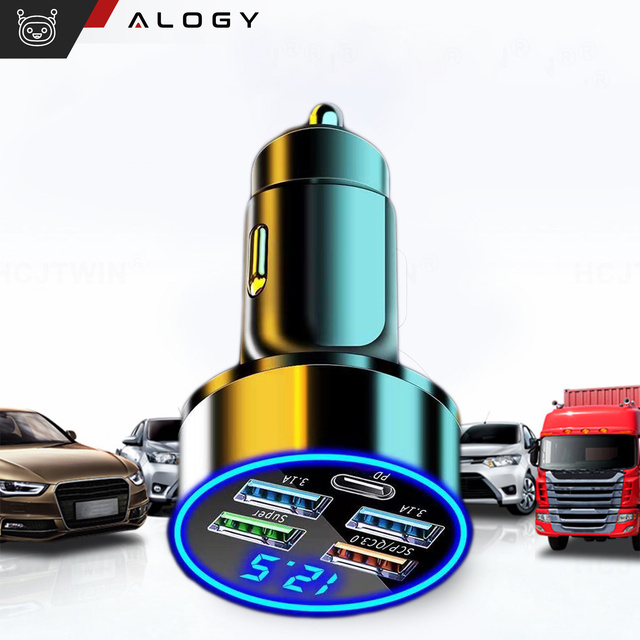 Car charger 4x USB QC 3.0 USB C PD 20W LED fast powerful 250W for Alogy Car phone black