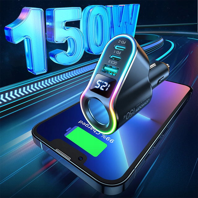 Ładowarka samochodowa USB QC 3.0 2x USB-C PD 150W rozdzielacz JoyRoom Car Charger 4w1 LED RGB czarna