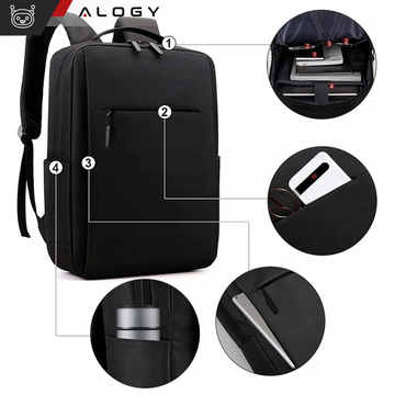 Rucksack Laptoptasche 15,6" groß wasserdicht mit USB-Anschluss Unisex 41x29x12cm für Flugzeug Alogy Rucksack Schwarz